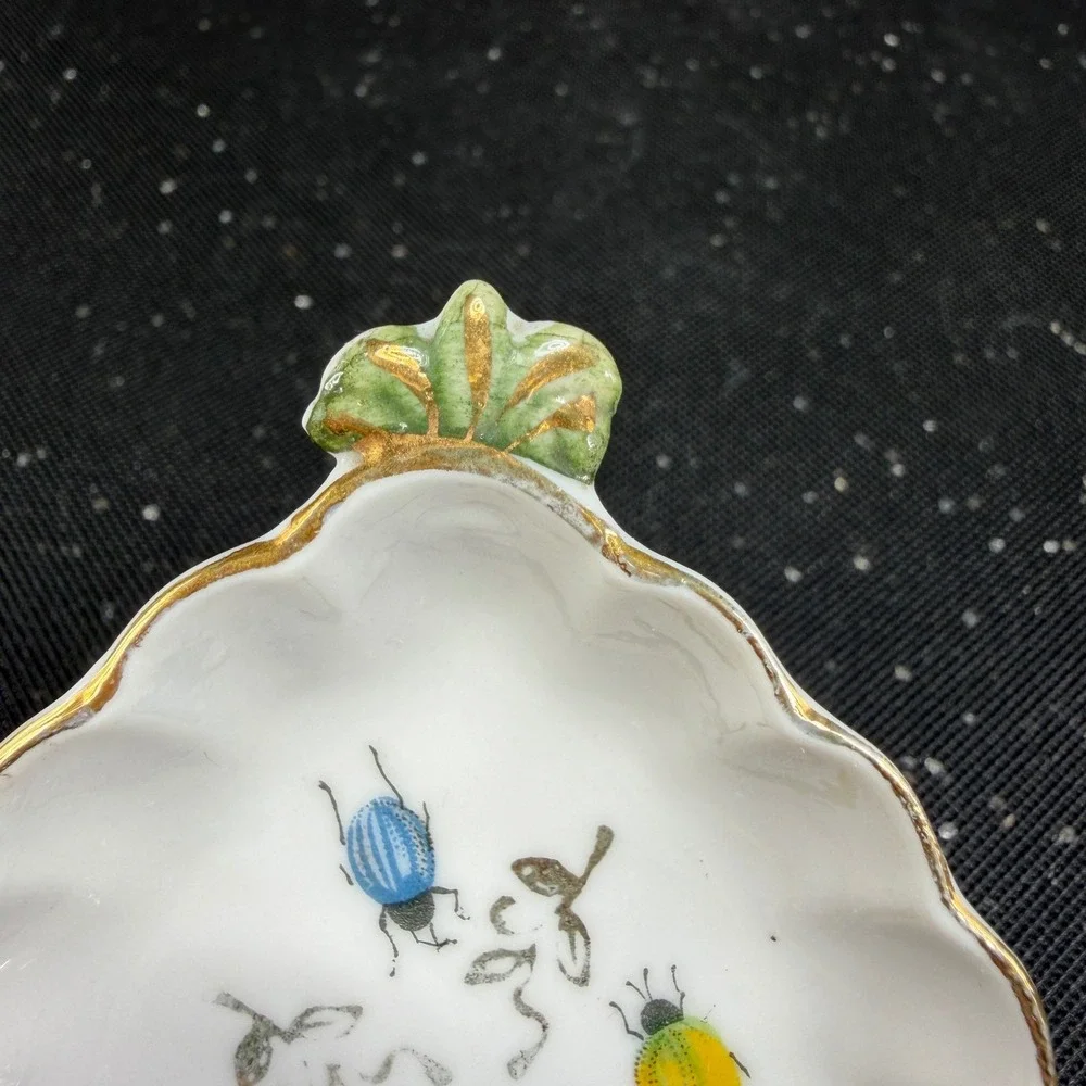 Vintage Porcelain Butterfly Beetle Trinket Dish Scalloped Brass Filigree Base‎